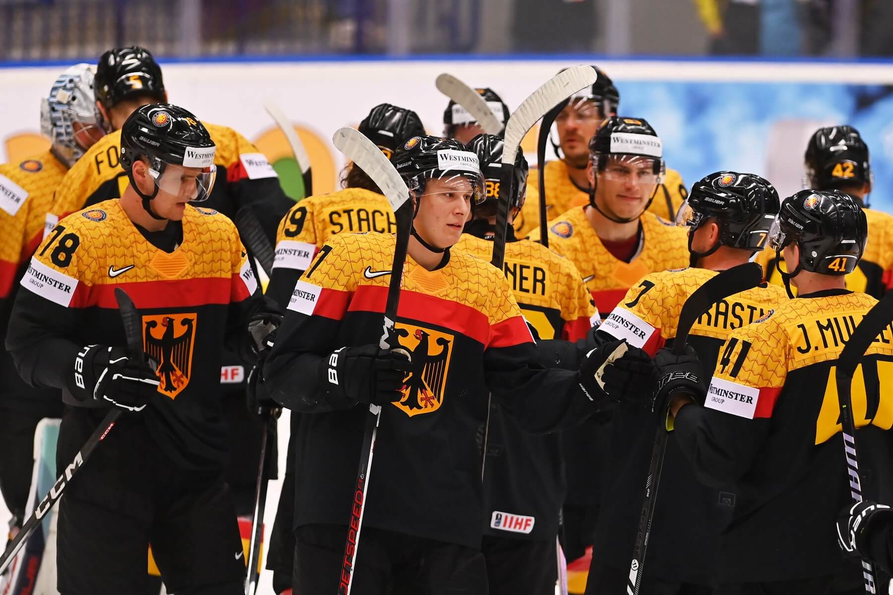 Nemecko sa raduje z výhry nad Francúzskom na MS v hokeji 2024.